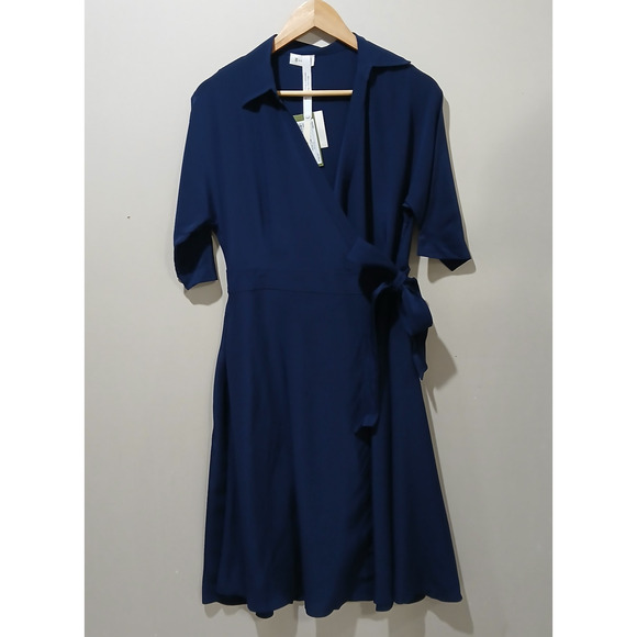 LILYSILK Dress Womens Small Navy Blue Silk Front Tie Wrap Midi Elbow Sleeve NWT - Picture 16 of 16